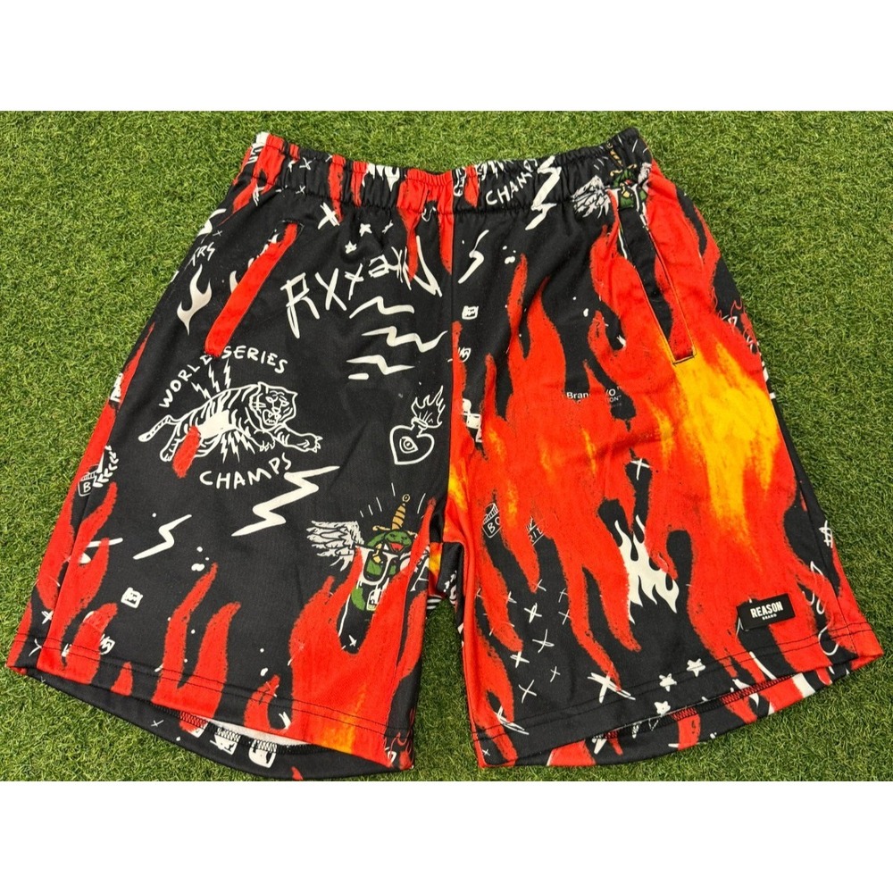 Reason NYC  Flames Override Shorts Mens Large‎ Black Red Fleece Lined